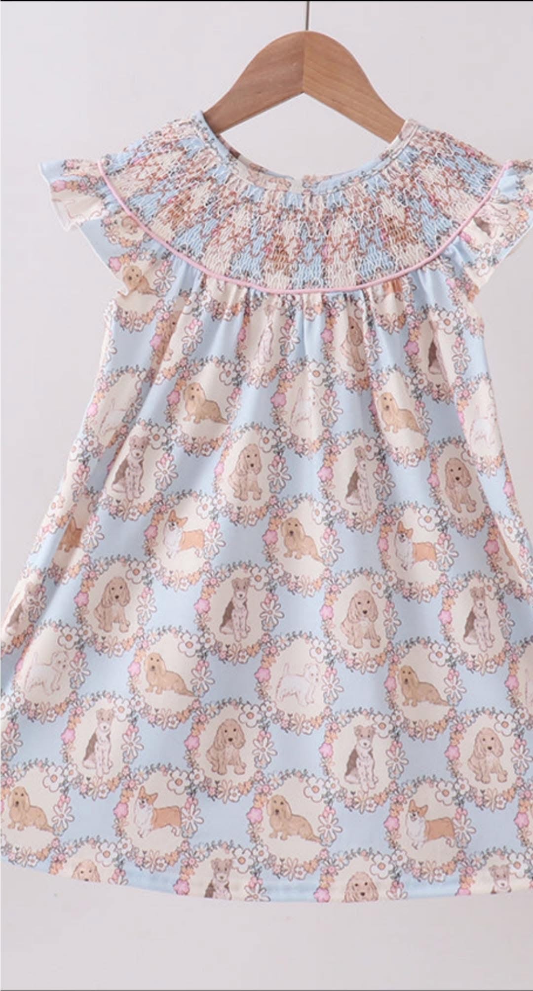 Pink puppy floral smocked dress