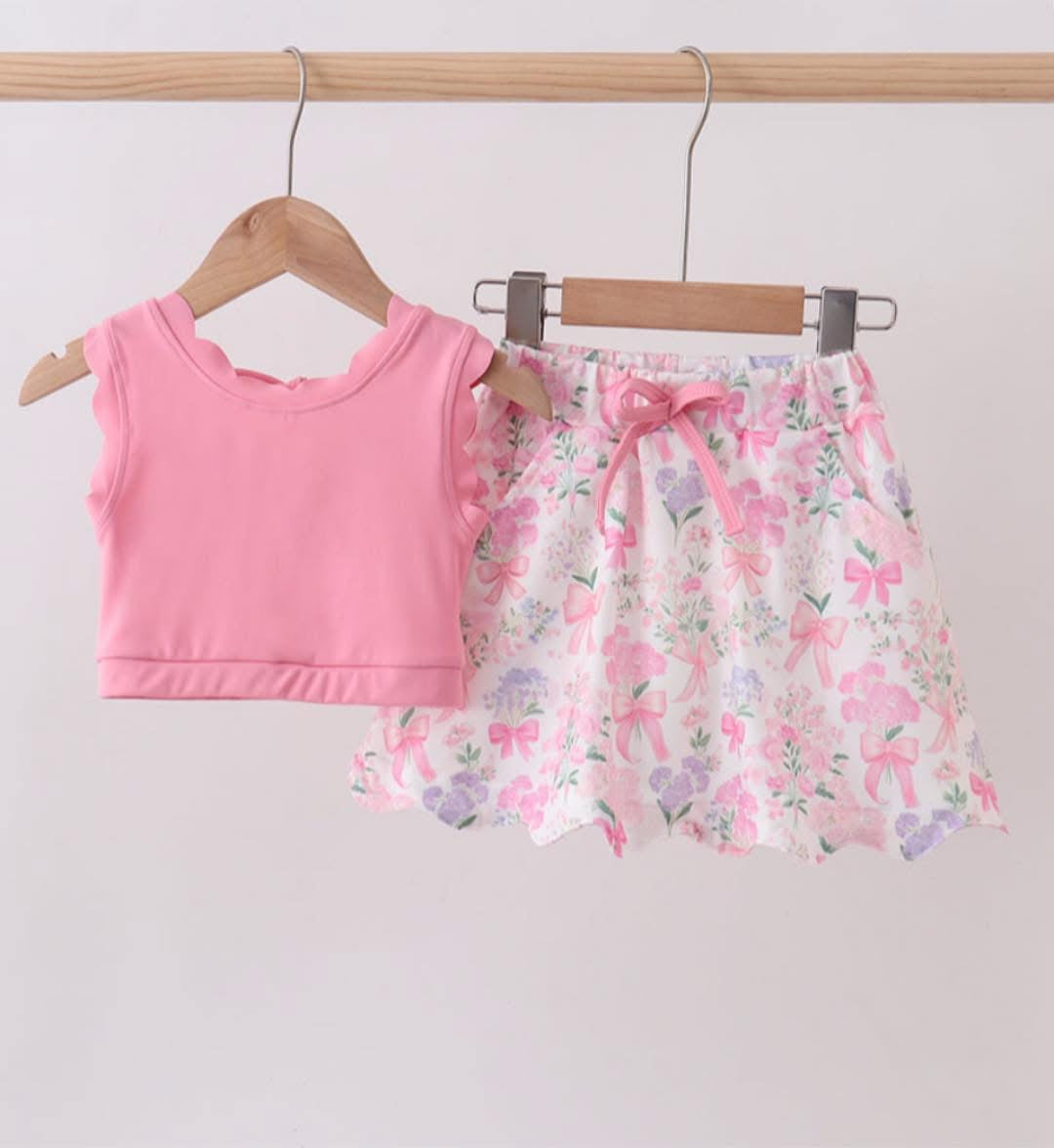 Pink floral bow skirt set