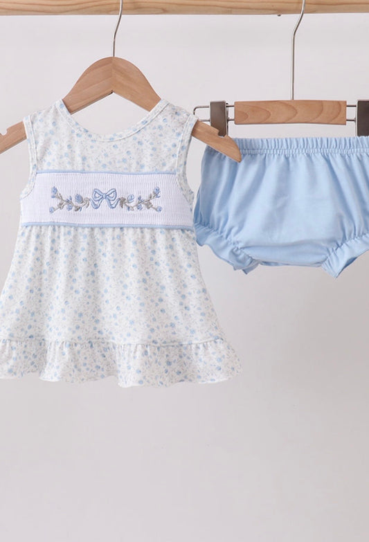 Blue floral smocked ruffle bloomer set