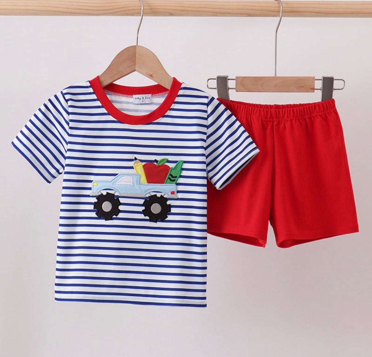 Red Apple truck appliqué short set