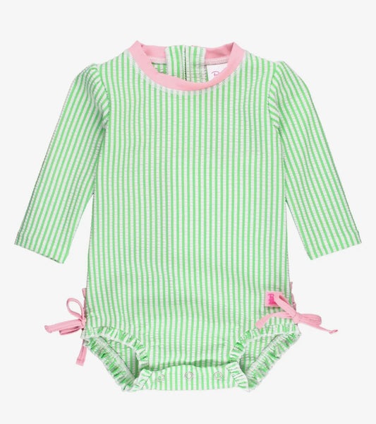 Spring green seersucker one piece rash guard