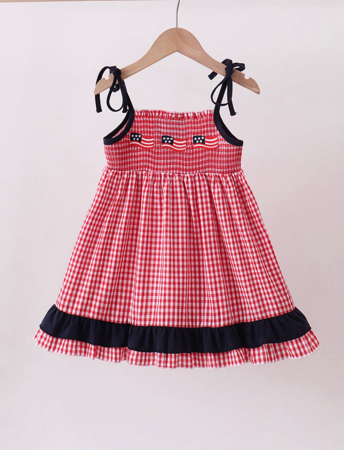 Red flag smocked gingham ruffle dress
