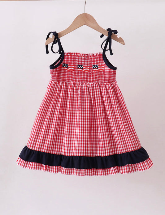Red flag smocked gingham ruffle dress