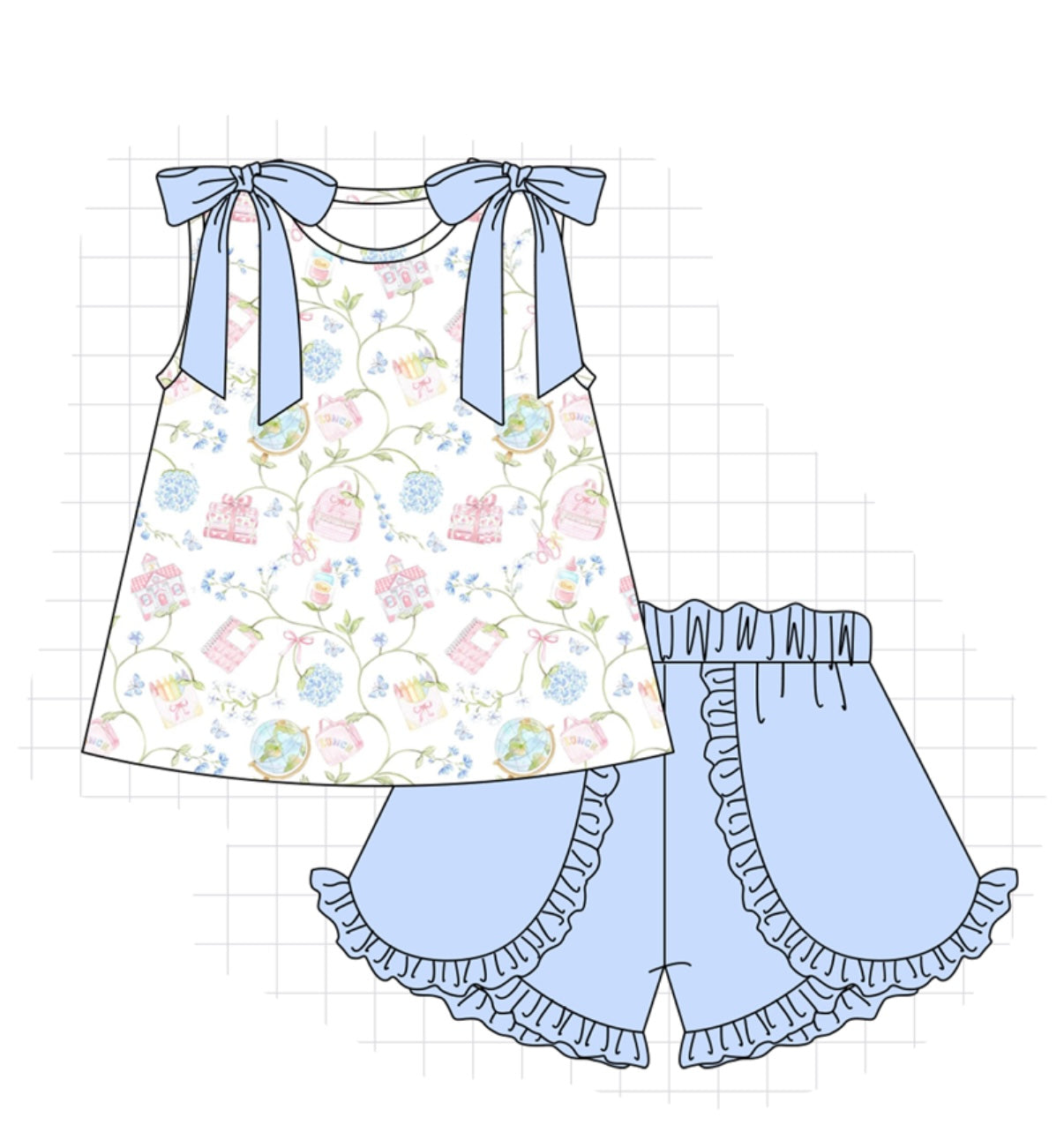 Blue hydrangea ruffle short set