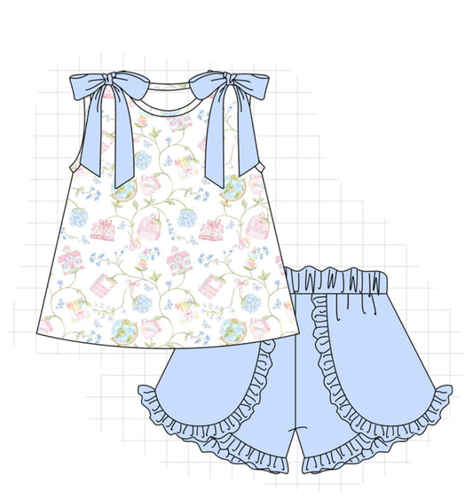 Blue hydrangea ruffle short set