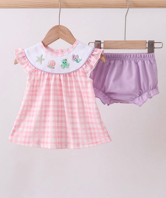 Pink mermaid embroidery bloomer set