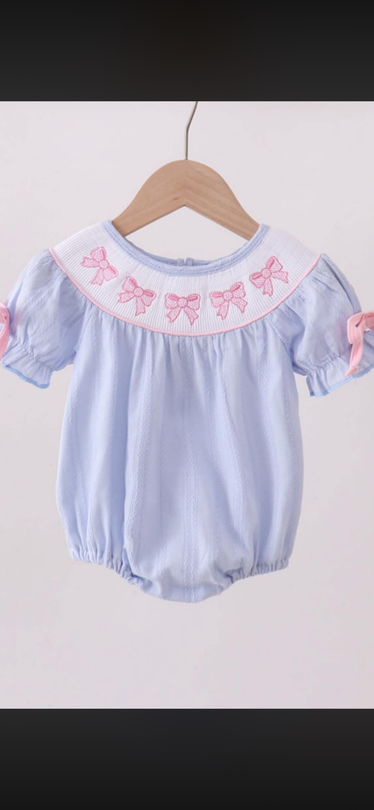 Blue bow smocked bubble