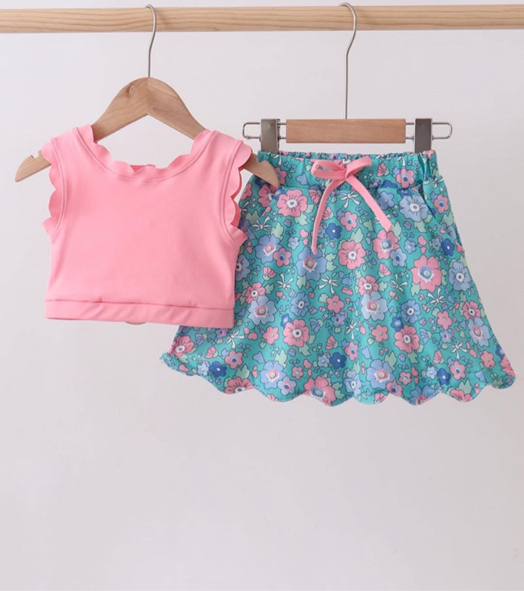 Pink and green floral skirt set