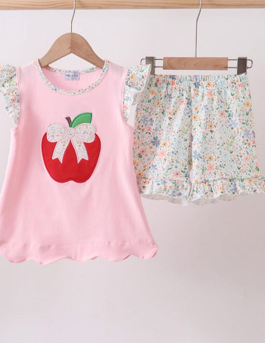 Pink Apple bow appliqué set