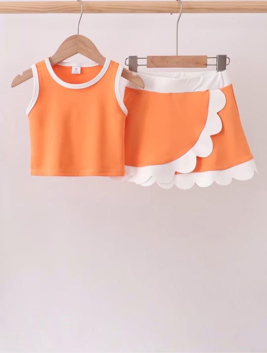 Orange performance scalloped skort set