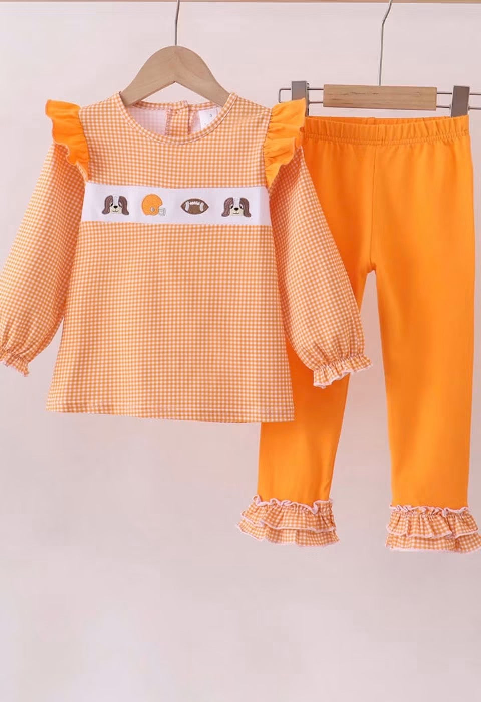 Premium orange TN puppy football embroidery ruffle pant set